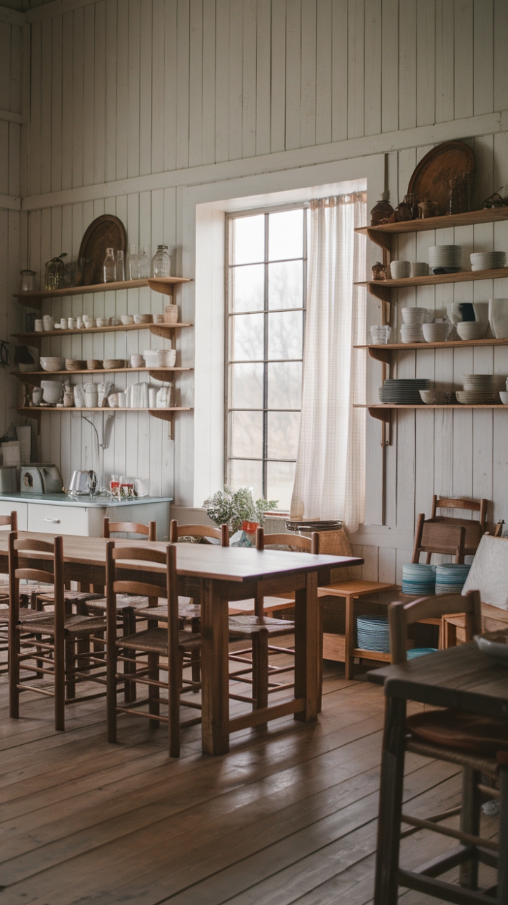 Charming Farmhouse Dining Room with Warm Wood Tones and Natural Light