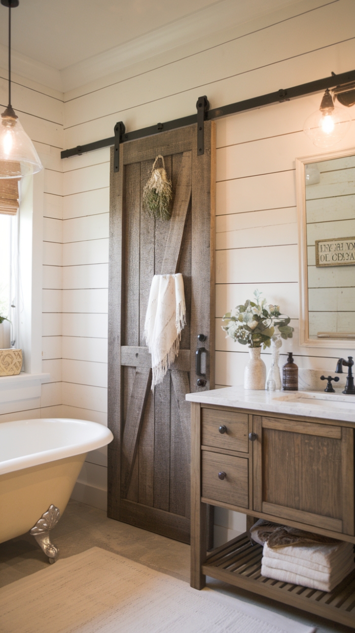 Country Charm: Shiplap, Farmhouse Vanity, and a Clawfoot Tub