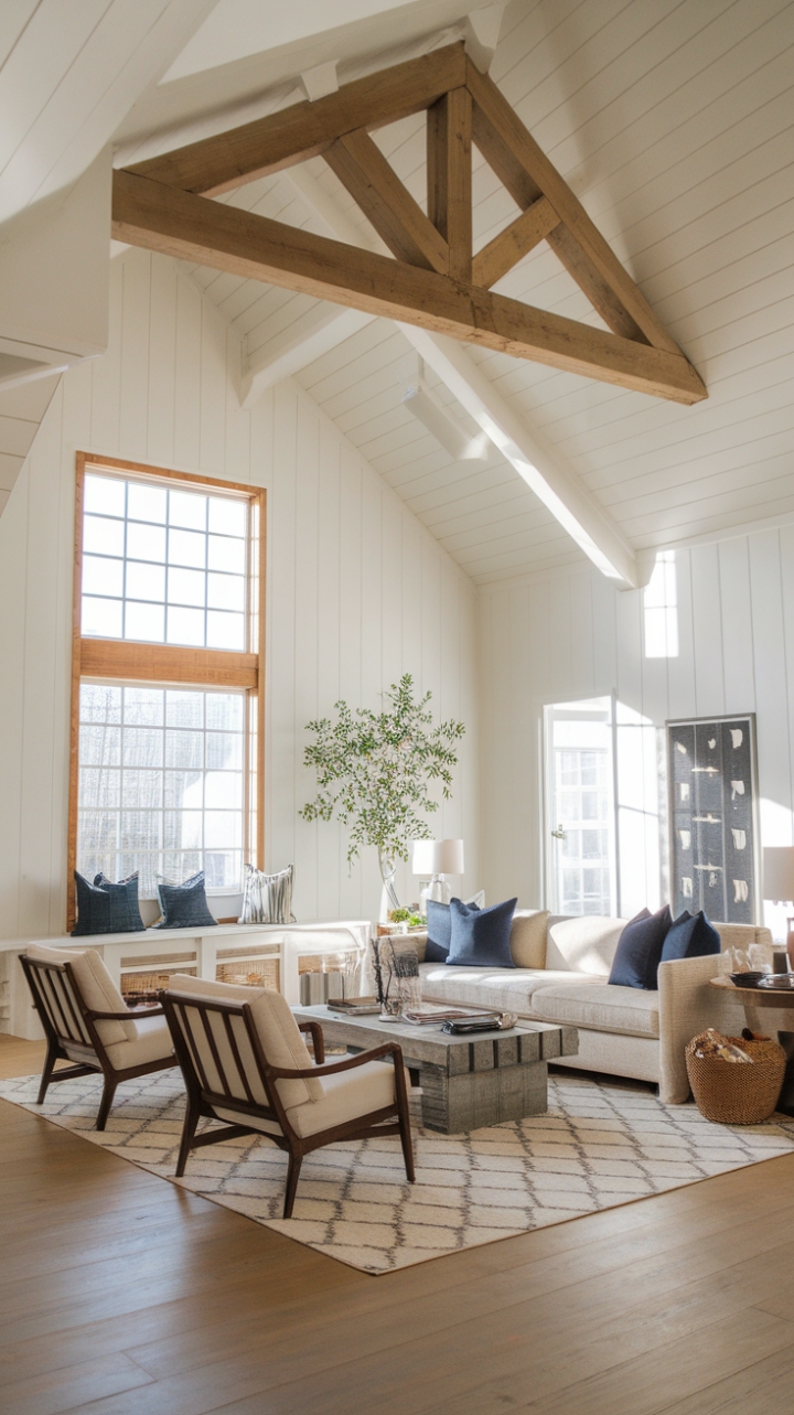 Rustic Elegance: A Modern Farmhouse Living Room with High Ceilings and Personal Charm