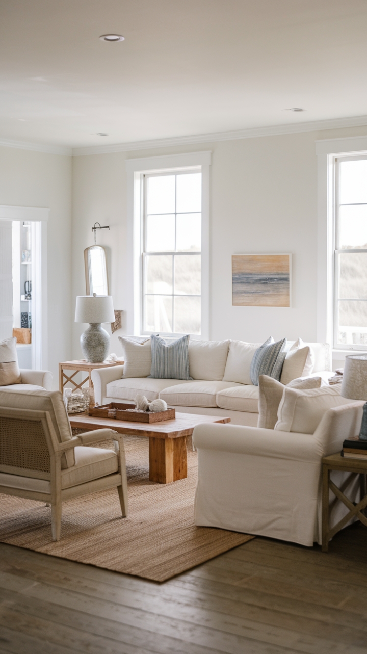 Coastal Charm and Farmhouse Comfort Unite in a Serene Living Room