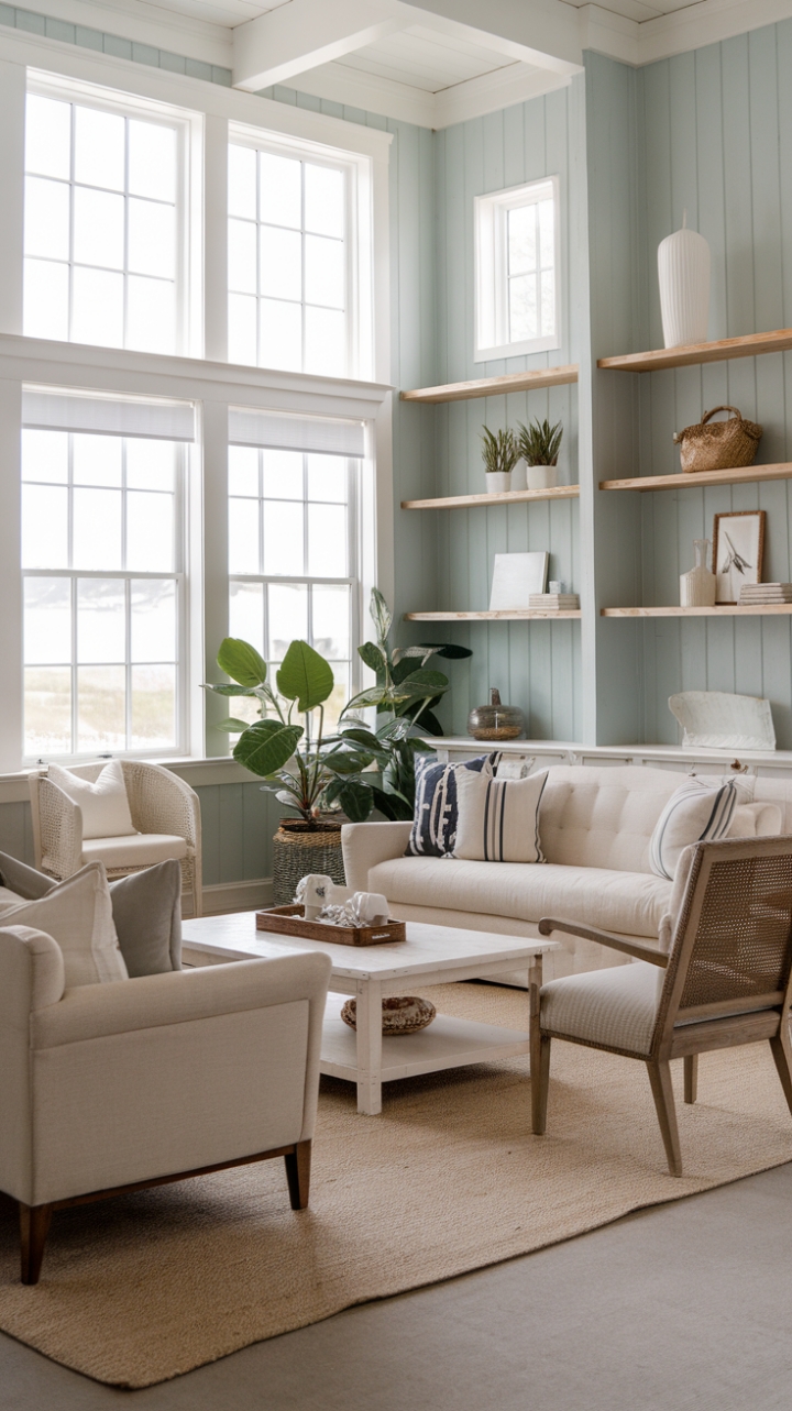 Serene Coastal Farmhouse Living Room Design