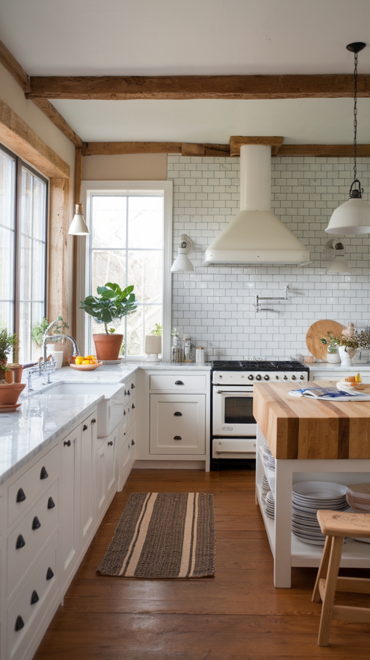Bright Coastal Farmhouse Kitchen with Marble Accents