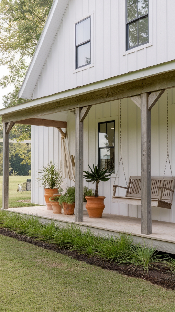 Inviting Modern Farmhouse Featuring Wooden Porch and Verdant Grounds